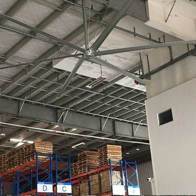 Sanayi tavan fanları vites kutusu motoru veya PMSM motoru ile atölyede havalandırma ve soğutma amacıyla hava üfleyicisi olarak yapılandırılmış HVLS fanı